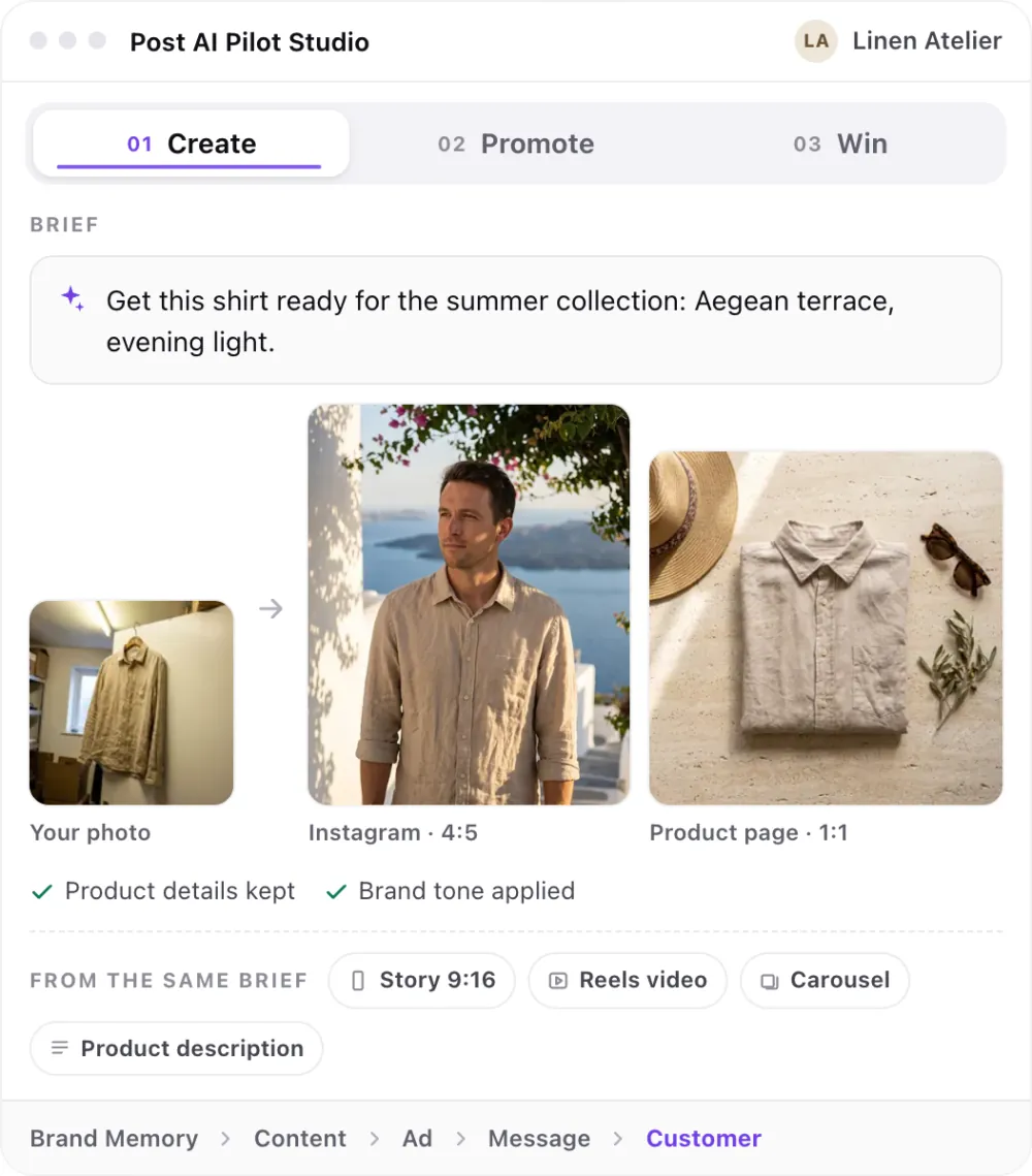 Post AI Pilot Studio, Create step: Instagram and product page images from a single product photo