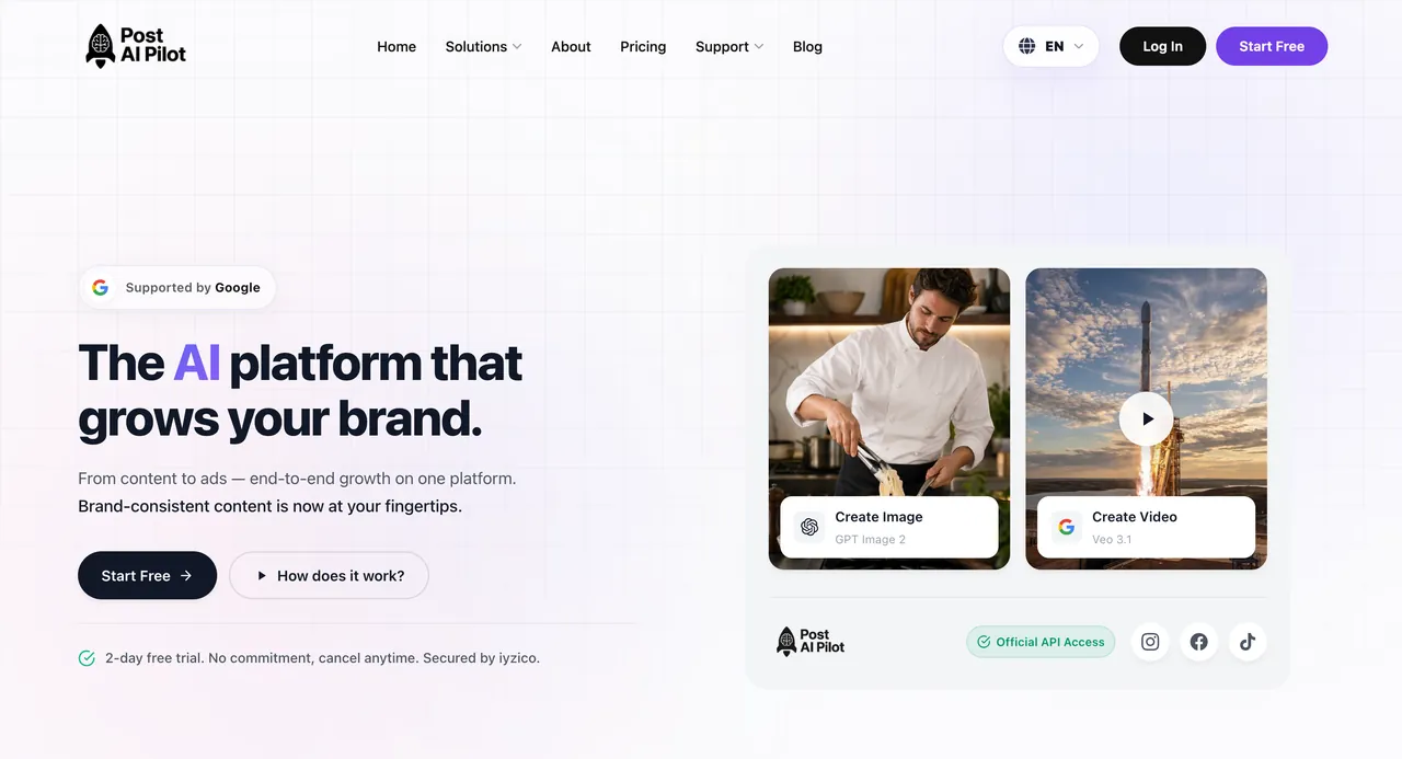 The Post AI Pilot home page: an AI marketing platform that brings content and ad production into a single panel