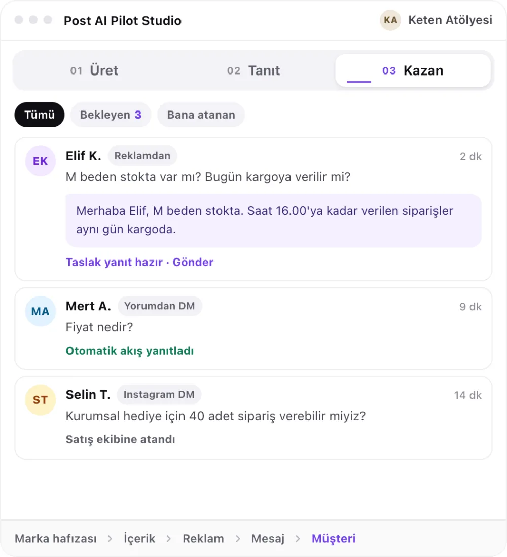 Post AI Pilot Studio, Kazan adımı: reklam, yorum ve DM mesajlarının toplandığı gelen kutusu