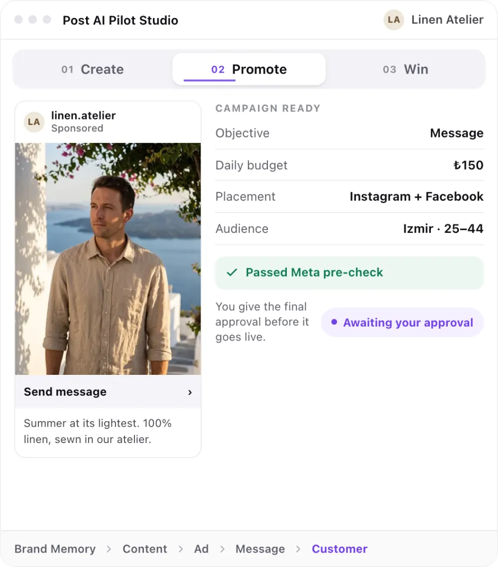 Post AI Pilot Studio, Promote step: a campaign that passed Meta pre-check, awaiting approval