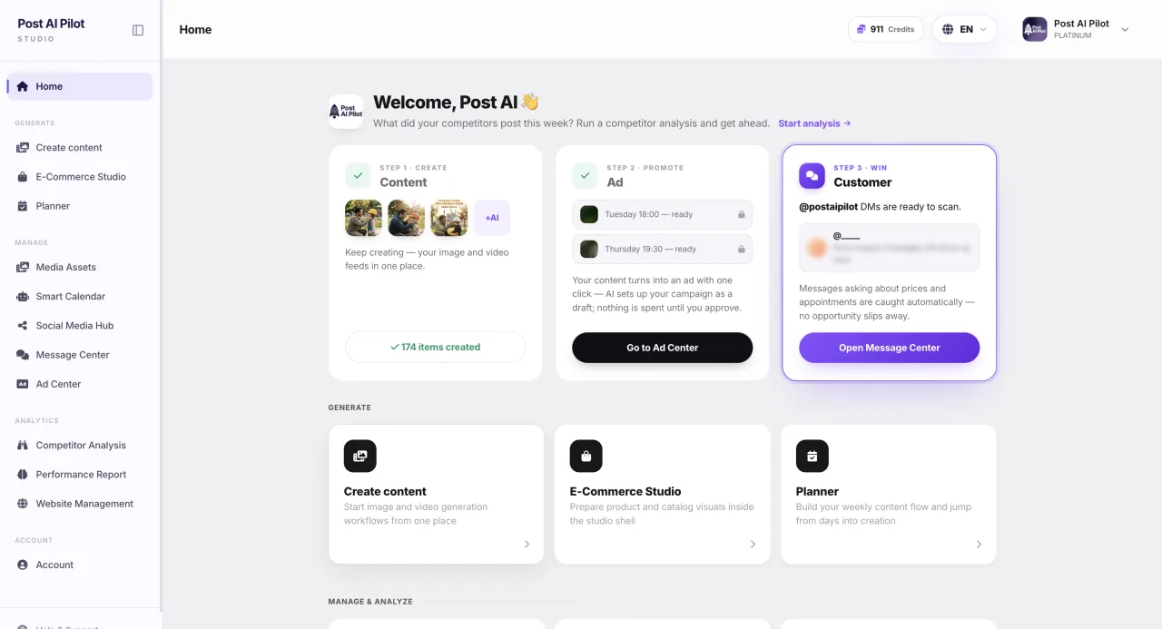 Post AI Pilot paneli — içerik, reklam ve gelen mesaj tek ekranda